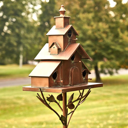 Large Copper Colored Multi-Birdhouse Stakes, Room for 4 Bird Families in Each (Church Style with Cascading Roof)