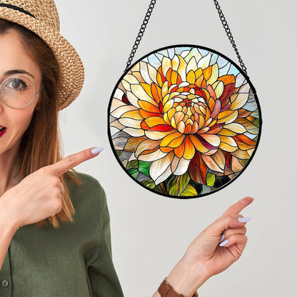 Stained Glass Window Hanging - Chrysanthemum Suncatcher for Doors Garden Patio Birth Flowers Sun Catchers Decor Christmas Mother's Day Birthday Gifts for Women Men Mom Nana Friend 7.8 in