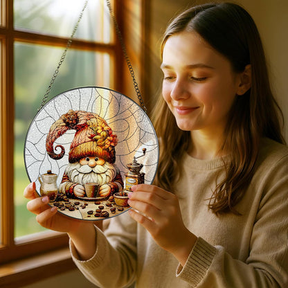 Stained Glass Window Hanging, Pauyadu Charming Gnome Sun Catchers, Stained Glass Suncatcher, Gnome Decor Gifts for Women, Mom, Grandma, Wife - 8 Inch