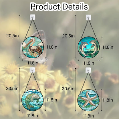 Stained Glass Window Hanging 4 Pcs Set Cyan Ocean Life Theme Large 11.8" - Sea Starfish Suncatcher Door Garden Sun Catcher Decor Birthday for Mom Woman Nana Men Friend