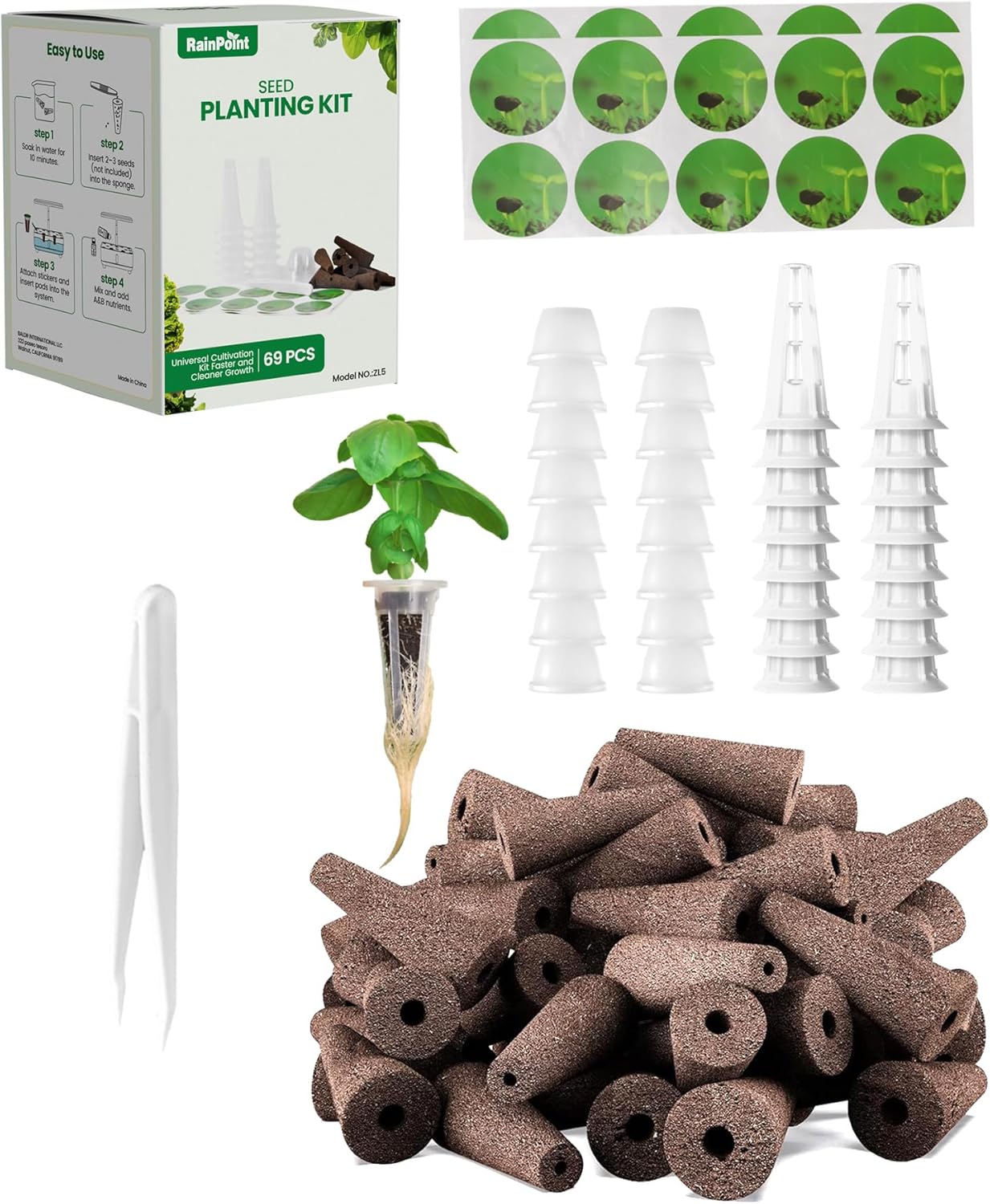 RAINPOINT 69pcs Hydroponic Seed Pod Kit - Growing System Accessories Compatible with All Brands, Grow Anything Kit with 16 Grow Sponges, 16 Grow Baskets, 20 Pod Labels, 16 Domes for Indoor Gardening