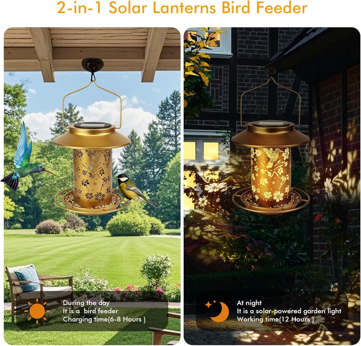 Solar Bird Feeders Outdoors Hanging - Metal Waterproof Outside Wild Bird Feeders Solar Garden Lantern Ideal Gift for Bird Lovers, Women and Mom, Decoration for Yard, Patio, Lawn