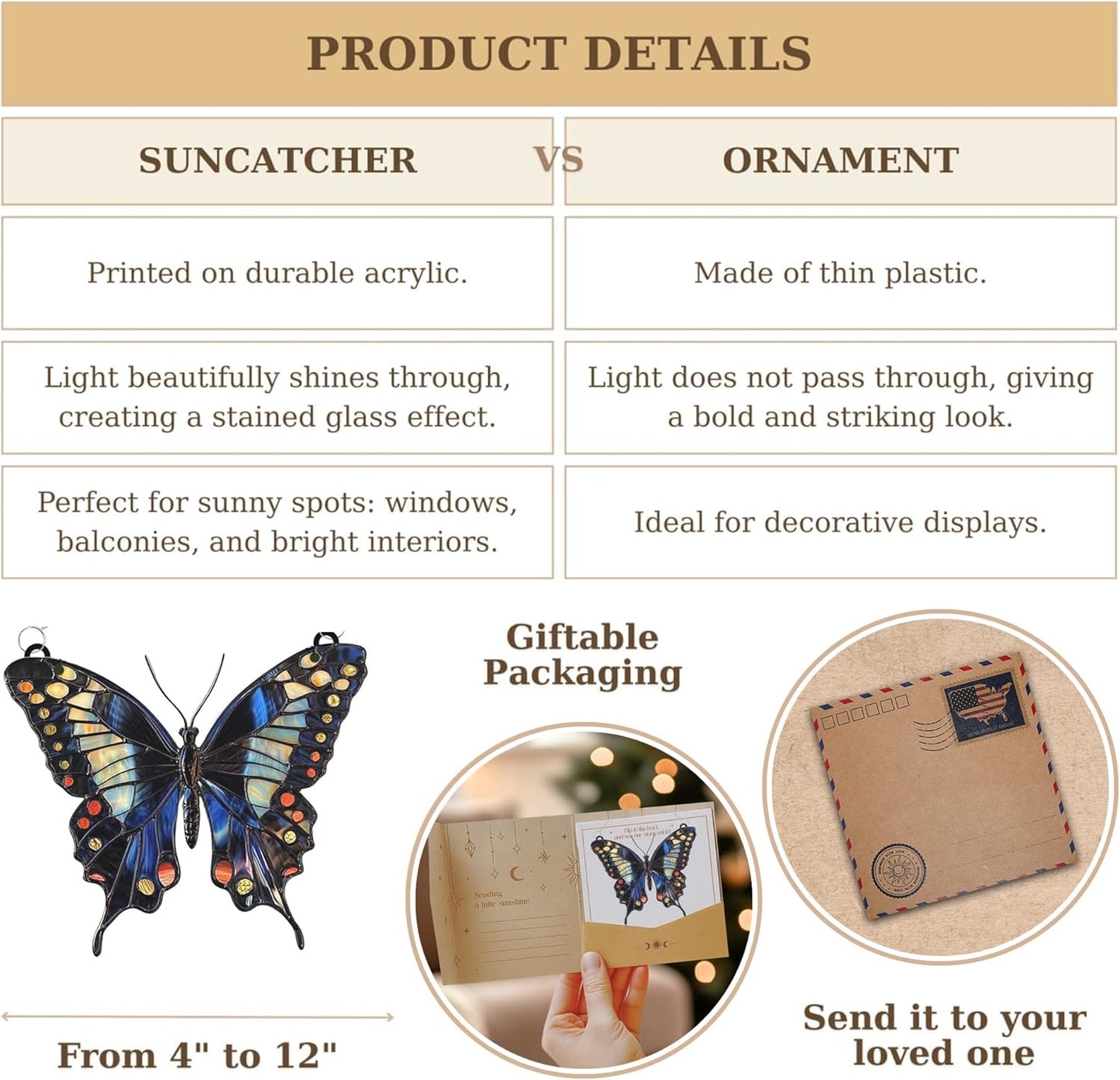 Midnight Butterfly Acrylic Suncatcher Stained Glass Effect Window Car Hanging Christmas Ornament Indoor Outdoor Decor Garden Sun Catcher Panel for Butterfly Lover for Women Mom Grandma