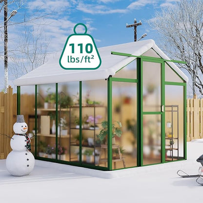 6x8 FT Polycarbonate Greenhouse with Roof Vent - Large Aluminum Walk-in Greenhouse Kit for Gardening, Backyard, Patio, Lawn - Easy Assembly