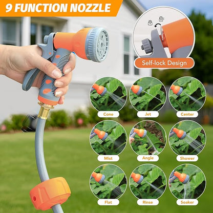 GarveeLife Retractable Garden Hose Reel 1/2 in x 130 Ft, Wall Mounted Garden Hose Reel, with 9 Function Sprayer Nozzle, Any Length Lock, Lock/Automatic Slow Return System, 180° Swivel Bracket(Grey)