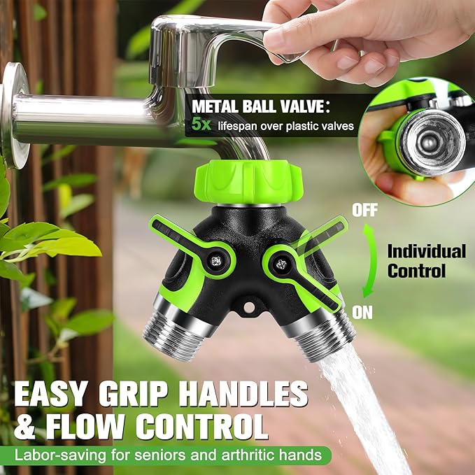 Garden Hose Spiltter, 2 Way Y Spigot Adapter with Shutoff Valves, Heavy Duty Metal Body Outdoor Faucet Connector, Leakproof 3/4" GHT Thread Hose Bib Splitter with 2 Extra Rubber Washers & Tape