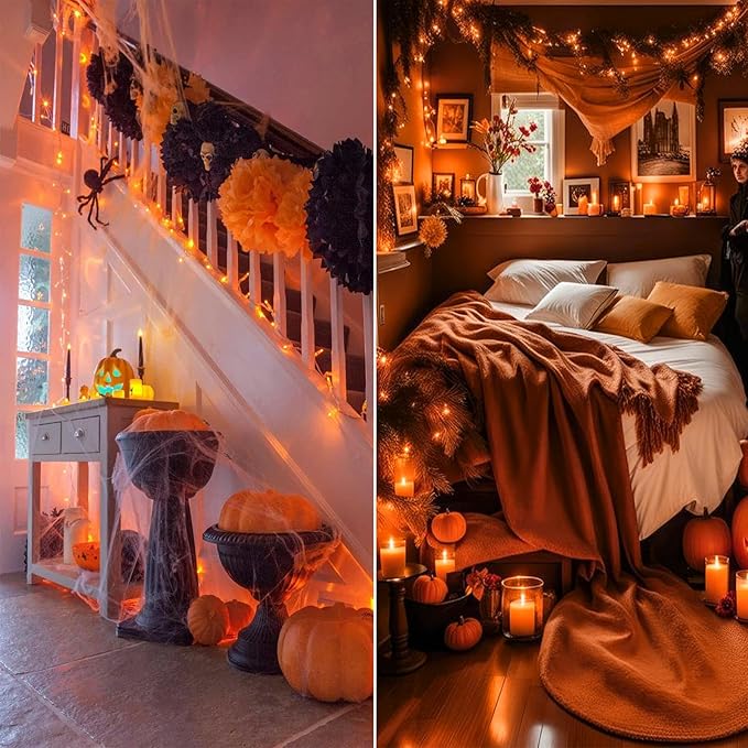 Upgraded Connectable 200 LED Halloween String Lights Outdoor Indoor, 66FT Orange Halloween Decorations Lights 13 Modes, Waterproof Twinkle Fairy Lights Plug in Clear Wire for Tree, Bedroom Decoration