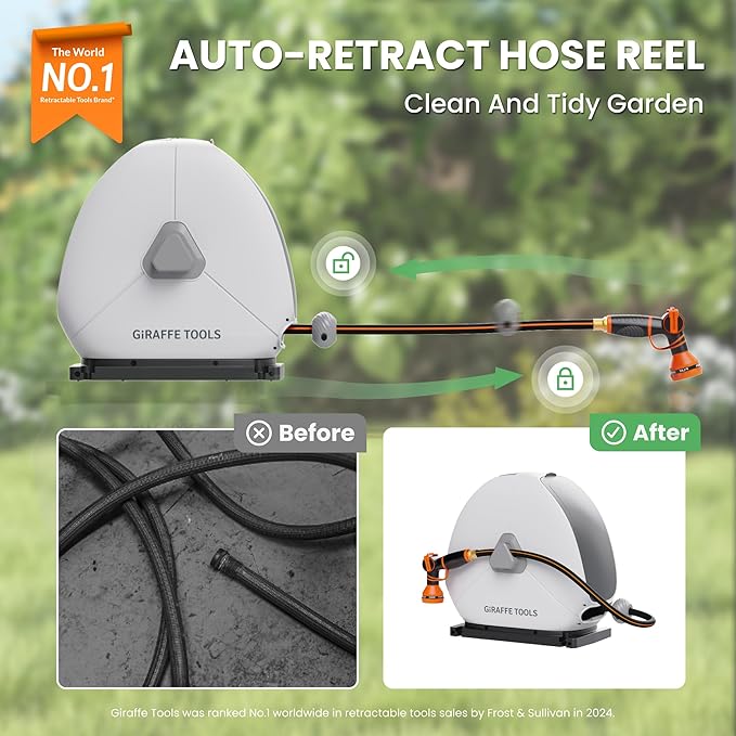 Giraffe Tools Ground Mounted Retractable Hose Reel 1/2 Inch x 82FT, Heavy Duty Automatic Rewind Garden Hose Reel, with Flexible Swivel Base for Lawn, Concrete Floor