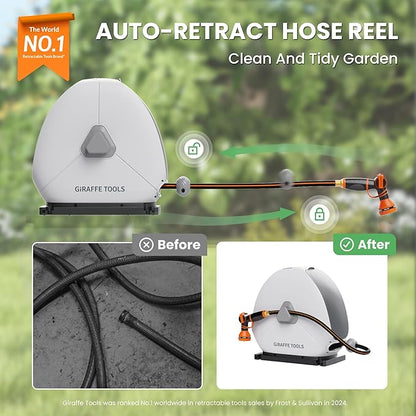 Giraffe Tools Ground Mounted Retractable Hose Reel 1/2 Inch x 82FT, Heavy Duty Automatic Rewind Garden Hose Reel, with Flexible Swivel Base for Lawn, Concrete Floor
