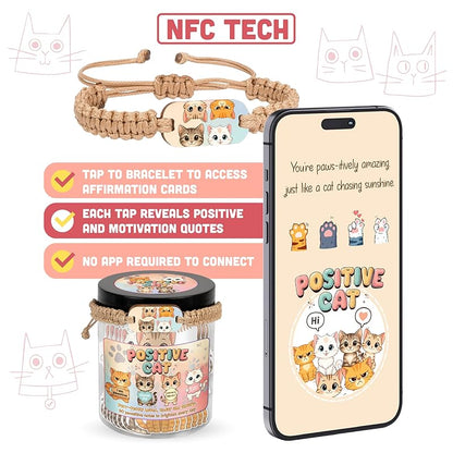 Positive Cat Jar - 60 Affirmation Cards With Cat Bracelet, Emotional Support Cat, Cat Themed Gifts, Stress Relief & Against Anxiety Cards, Cat Gifts, Cat Lover Gifts For Women, Teen Girl Gifts
