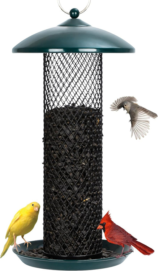 Gtongoko Bird Feeder for Outside, Metal Mesh Tube Bird Feeders 2.5 lbs for Sunflower Seeds or Mealworm, Large Capacity, Green, 1 Pack