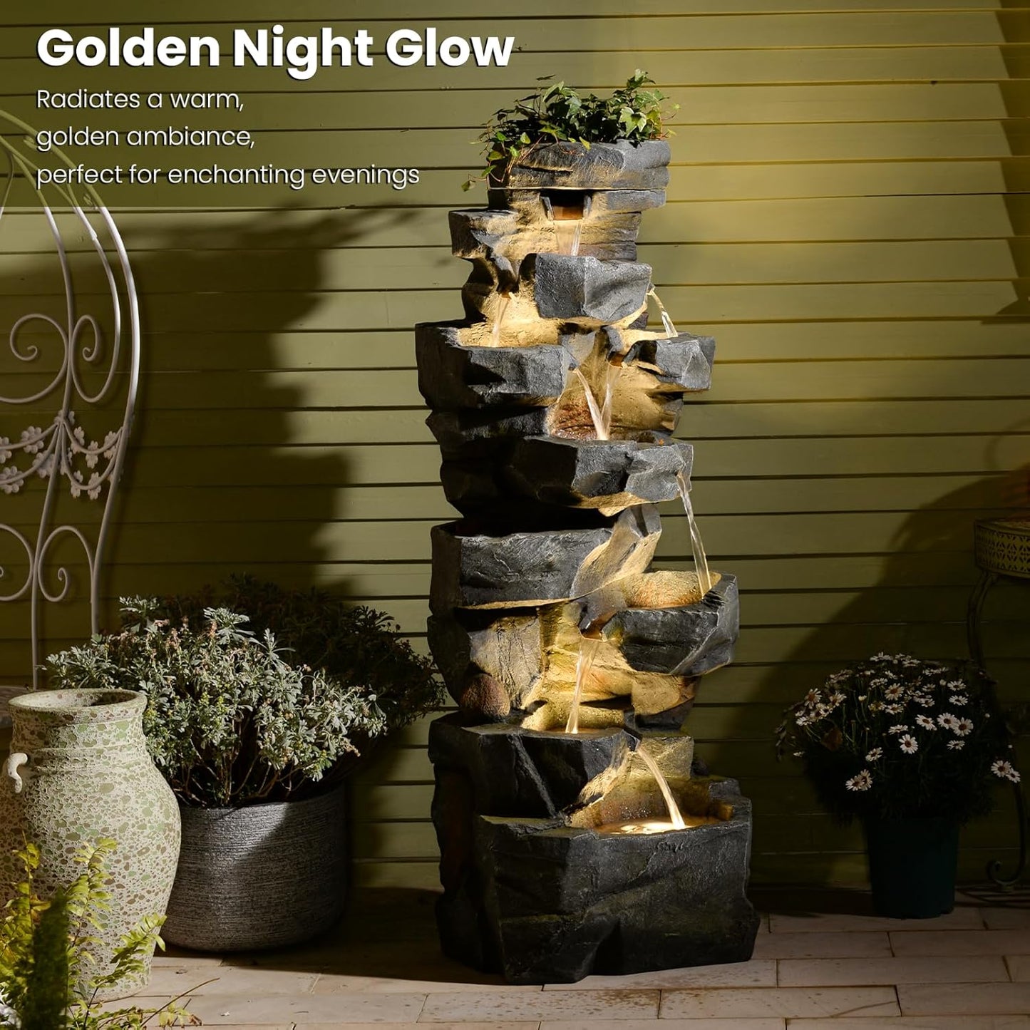 58“H Outdoor Garden Water Fountain 6 Tiers Large Cascading Rock Natural Waterfall Outdoor Fountain with LED Lights for Patio Porch Backyard Home Art Decor