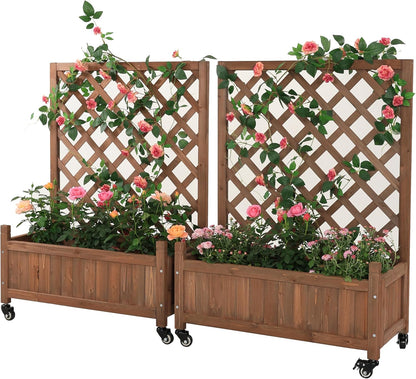 2 Pcs Wooden Planter Boxes with Trellis: Four Universal Wheels for Easy Mobility, 37.6" H x 27.5" W x 13" D,Perfect for Outdoor Climbing Plants on Patios, Balconies & Gardens