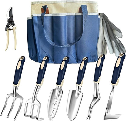 Garden Tool Set, 9-Piece Heavy-Duty Gardening Tool Set with Stylish Tool Bag, Multiple Storage Pockets, Durable Garden and Weeding Tools for Men and Women for Gardening Enthusiasts