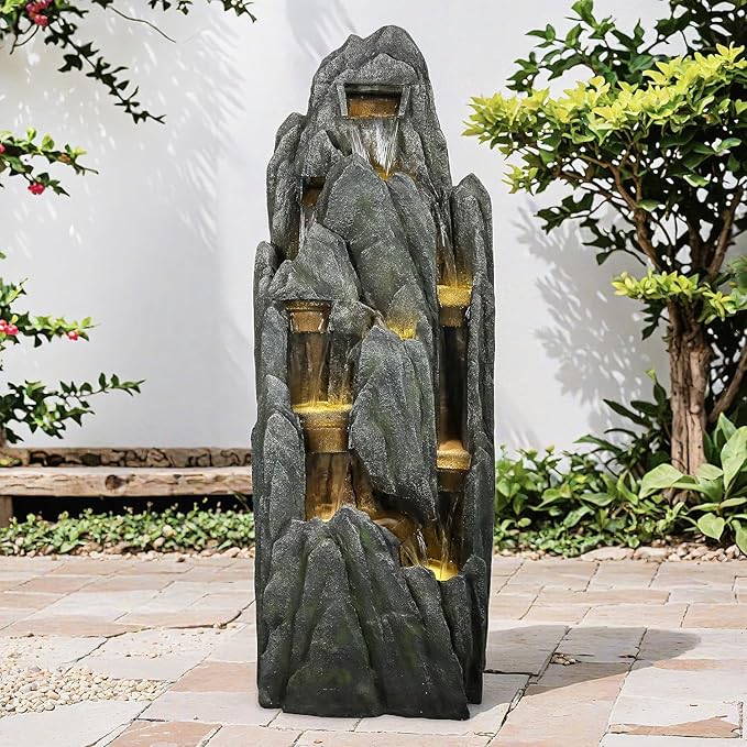 SunJet Outdoor Rockery Water Fountain with LED Lights - 51" Tall Resin Cascading Fountains and Waterfalls Feature for Patio, Yard, Garden Decor, Featuring Realistic Natural Stone Look