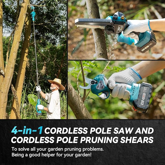 SEESII 4-in-1 Pole Saw & Pruning Shears Combo Kit, 6 Inch Mini Chainsaw for Tree Trimming, Battery Powered Chain Saw with Extension Pole, Limb Branch Cutter Pruner with 2 x 4000mAh Batteries
