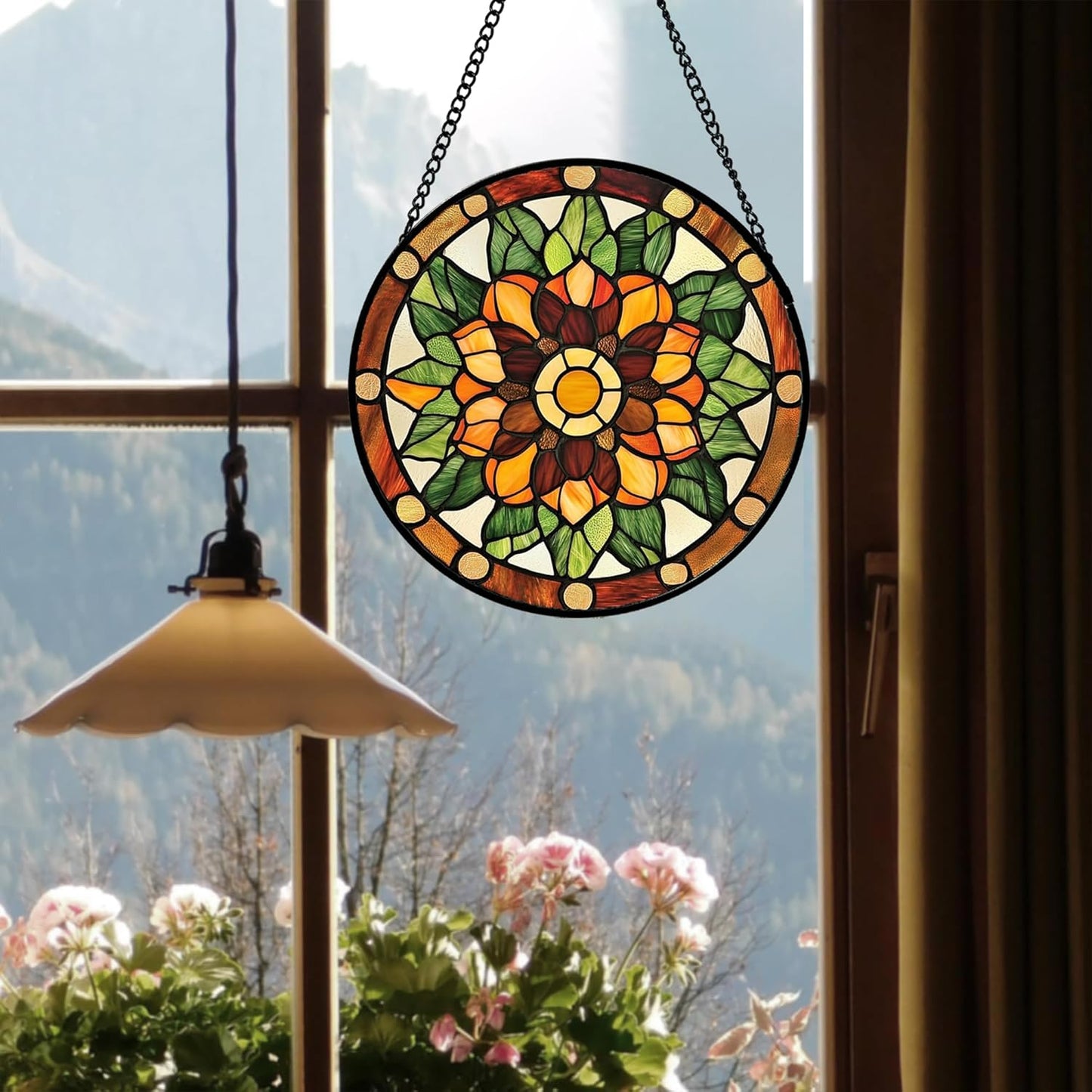 Stained Glass Window Hanging - Yellow Green Boho Style Flowers Sun Catcher for Door Garden Home Decor Suncatcher Christmas Mother's Day Birthday Gifts for Women Mom Girl Nana Friend 15 in