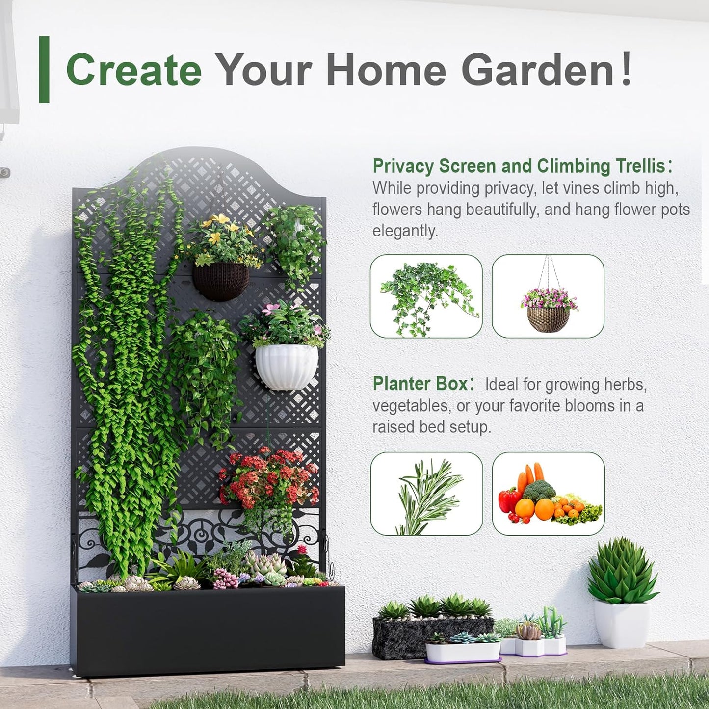 Metal Raised Garden Bed with Trellis, 79"x40"x11.8" Planter Box Outdoor with Privacy Screen Fence for Patio, Freestanding Garden Planter with Drainage Holes for Climbing Plants Flower Vegetable