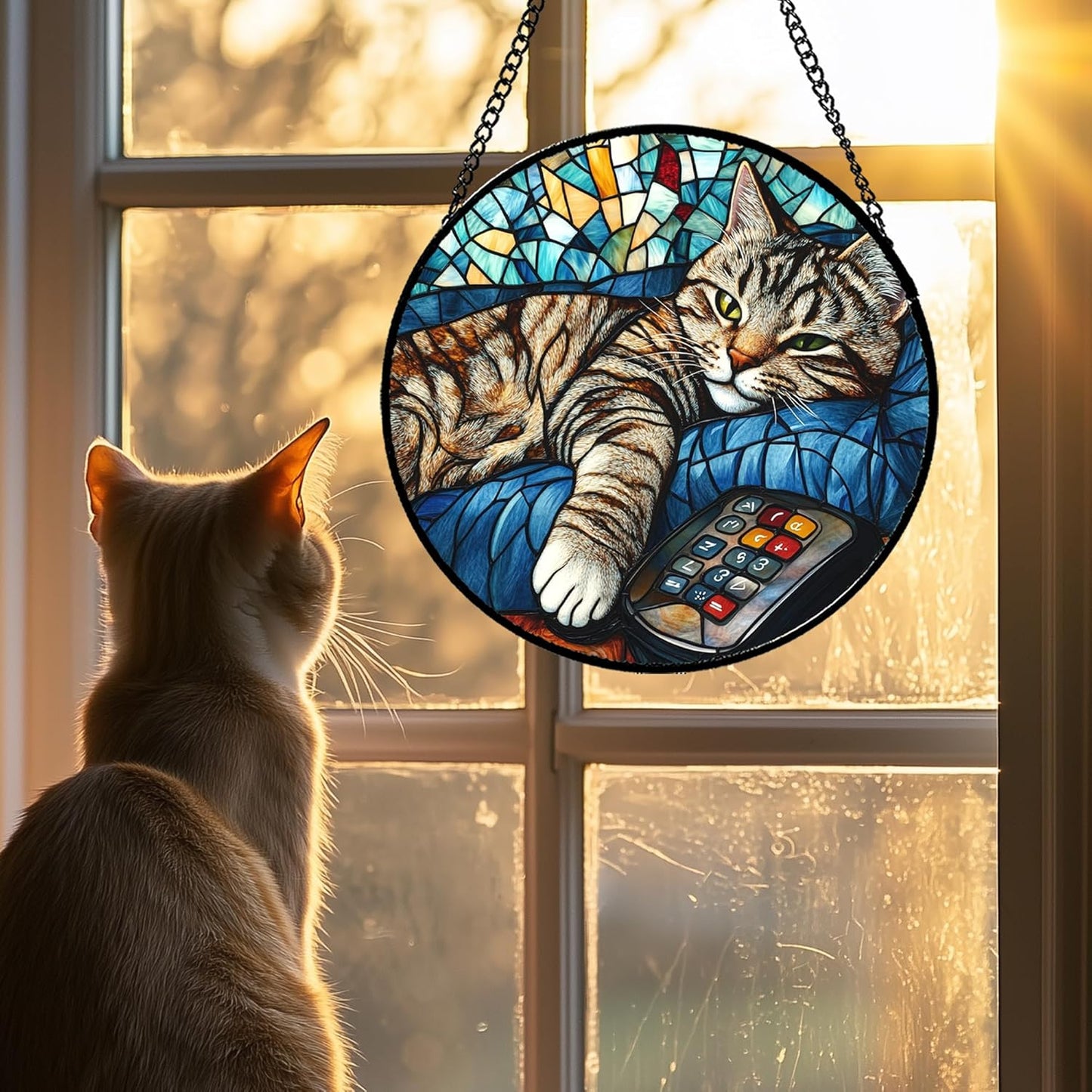 Stained Glass Window Hanging Gray Cat and Remote Control Large 11.8" - Suncatcher Door Garden Kitchen Sun Catcher Home Decor Birthday for Lost Pets Mom Men Woman Friend Grandma