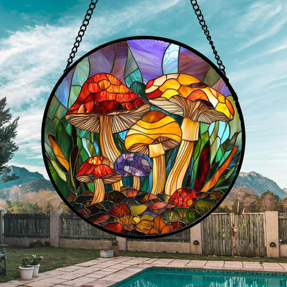Stained Glass Window Hanging, Jungle Mushrooms Sun Catchers Diamond Glass Panel Hangings Plant Suncatcher Decor for Birthday for Women, Men, Wife, Aunt, and Mom 14.9x14.9 in