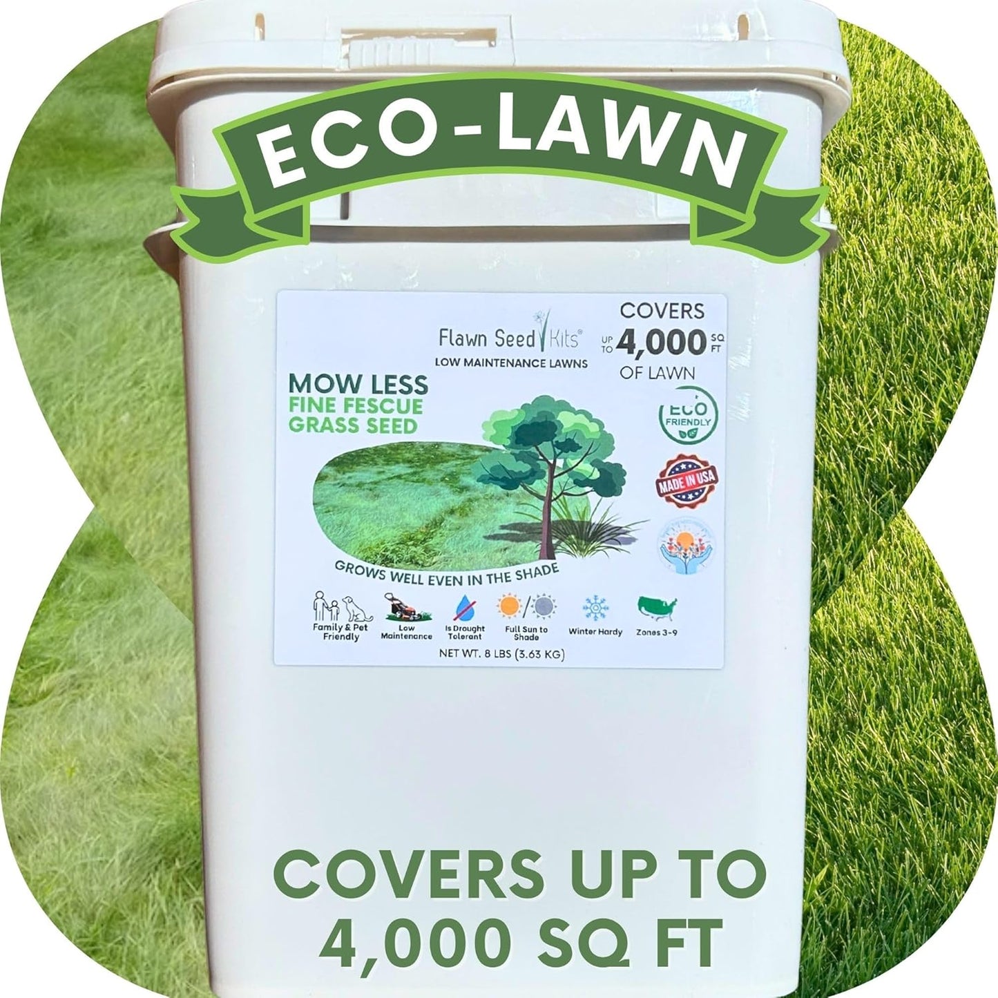 Flawn Seed Kits Mow Less Fine Fescue Eco-Grass Seed, 8 Lbs, Low Maintenance Lawn, Pail with Handle, Covers up to 4000 Sqft