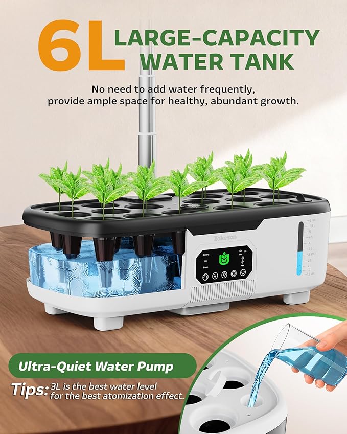 Misting Hydroponic Growing System Kit 15-Pods Indoor Smart Herb Garden Planter with LCD Touch Panel 6L Large Tank for Herb/Vegetables/Flowers/Fruits,Birthday&Christmas Gifts for Gardening Beginners