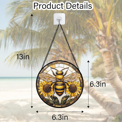 Stained Glass Window Hanging - Bee Sunflower Yellow Suncatcher Ready to Hang Window Doors Home Decoration and Christmas, Mother's Day Birthday Gifts for Women, Men, and Mom 6.3x6.3 in