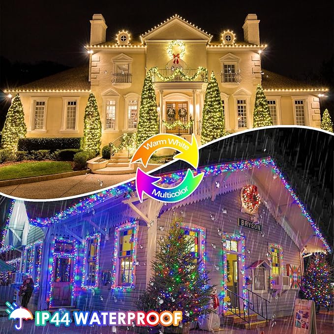 Warm White to Multicolor Color Changing 100 LED 33FT Connectable Christmas String Lights for Outdoor Indoor, 11 Modes Christmas Tree Clear Wire Fairy Waterproof Lights with Memory & Remote & Timer