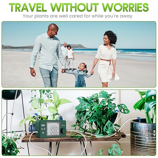 Automatic Watering System Dual Pump for Indoor Plants, Built-in Rechargeable Battery, Two Independent Water Zones, Worry-Free Vacation Drip Irrigation Kit, Water-Saving Smart Plant Waterer, Green