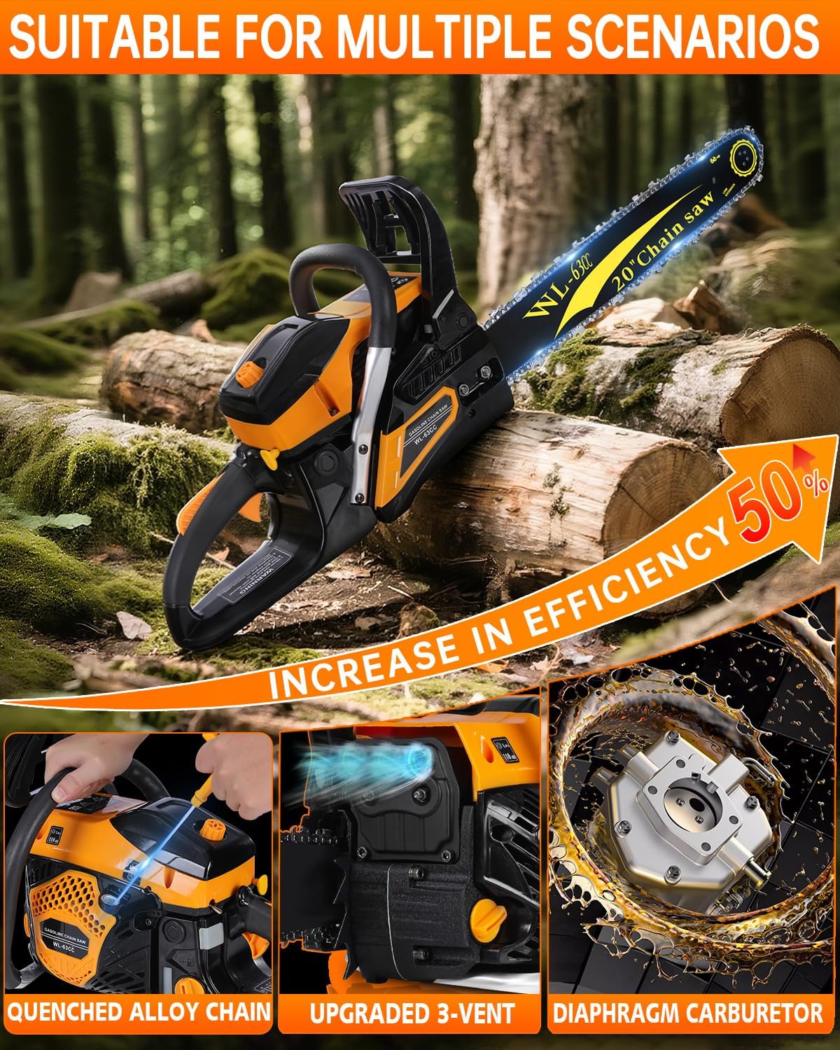 63cc Gas Powered Chainsaw, 3.2KW/3.2HP 2-Cycle Engine, 20-Inch Guide Bar, Professional Power Saw with CDI Ignition, Automatic Oiler & Anti-Vibration System for Heavy-Duty Use