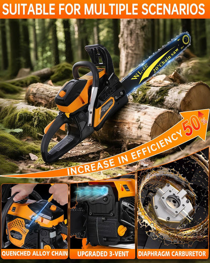 63cc Gas Powered Chainsaw, 3.2KW/3.2HP 2-Cycle Engine, 20-Inch Guide Bar, Professional Power Saw with CDI Ignition, Automatic Oiler & Anti-Vibration System for Heavy-Duty Use