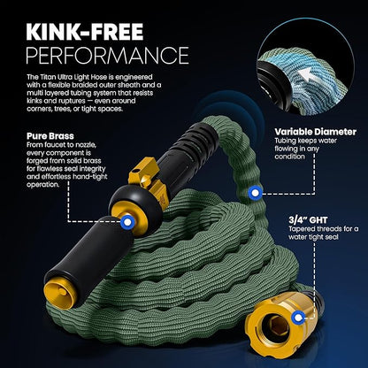TITAN Flexible Garden Hose 10FT – Ultra Lightweight, Heavy Duty Water Hose with Brass Fittings & Jet Nozzle – Kink-Free, Non-Expanding, Durable Fabric Hose for Yard, Lawn, Car Wash, Outdoor Use
