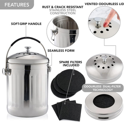 RED FACTOR Premium Compost Bin for Kitchen Countertop - Stainless Steel Food Waste Bucket with Innovative Dual Filter Technology - Includes Spare Filters (Brilliant Steel, 1.3 Gallon)