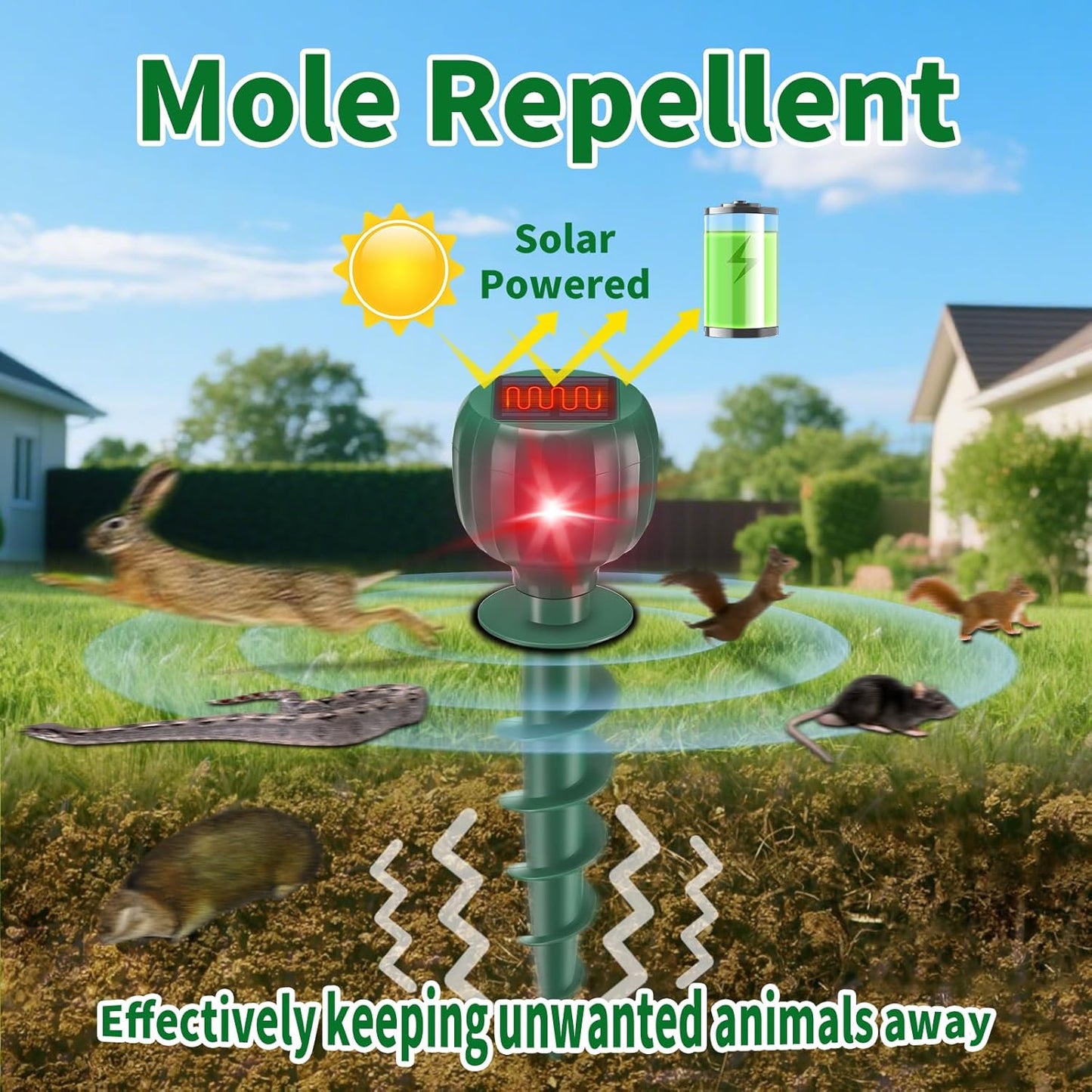 Solar Powered Mole Repellent, 6 Pack Ultrasonic Snake Repellent Outdoor, Waterproof Screw Shape Sonic and Vibration Mole Deterrent Stakes, Get Rid of Voles, Gophers, Groundhogs for Lawns & Garden