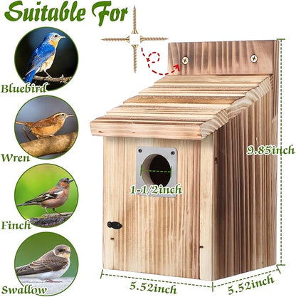 Dreyoo 2 Pack Cedar Bluebird Box Houses for Outside, 1-1/2” Entrance Hole Wooden Bird Houses with Metal Predator Guard, Secure Latch, Fledgling Grooves, Air Vents for Bluebird Wren Swallow Finch