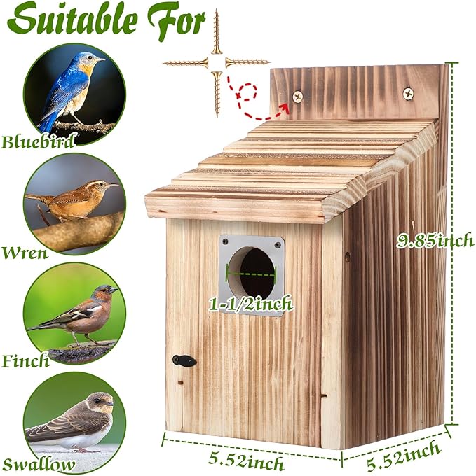 Dreyoo 3 Pack Cedar Bluebird Box Houses for Outside, 1-1/2” Entrance Hole Wooden Bird Houses with Metal Predator Guard, Secure Latch, Fledgling Grooves, Air Vents for Bluebird Wren Swallow Finch