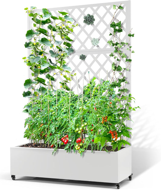 Metal Planter Box with Trellis & Wheels, Raised Garden Bed with Privacy Screen, Outdoor Standing Flower Beds with Drainage Hole for Climbing Plants, Vine, 47.2''L×15.7''W×70.9''H, White