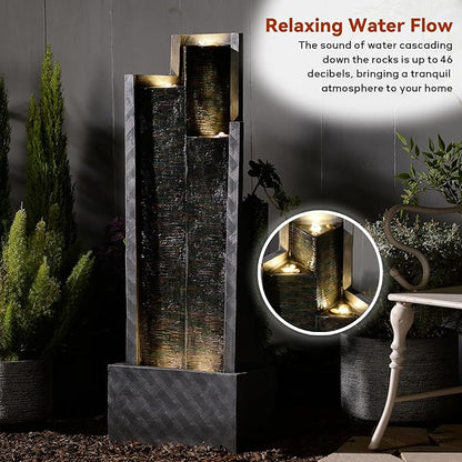 Modern Indoor Water Fountain,49.6" H Outdoor Garden Water Fountains Cascading Floor - Standing Tall Waterfall Outdoor Feature with LED Lights for Patio, Backyard, Deck, Porch and Home Art Decor