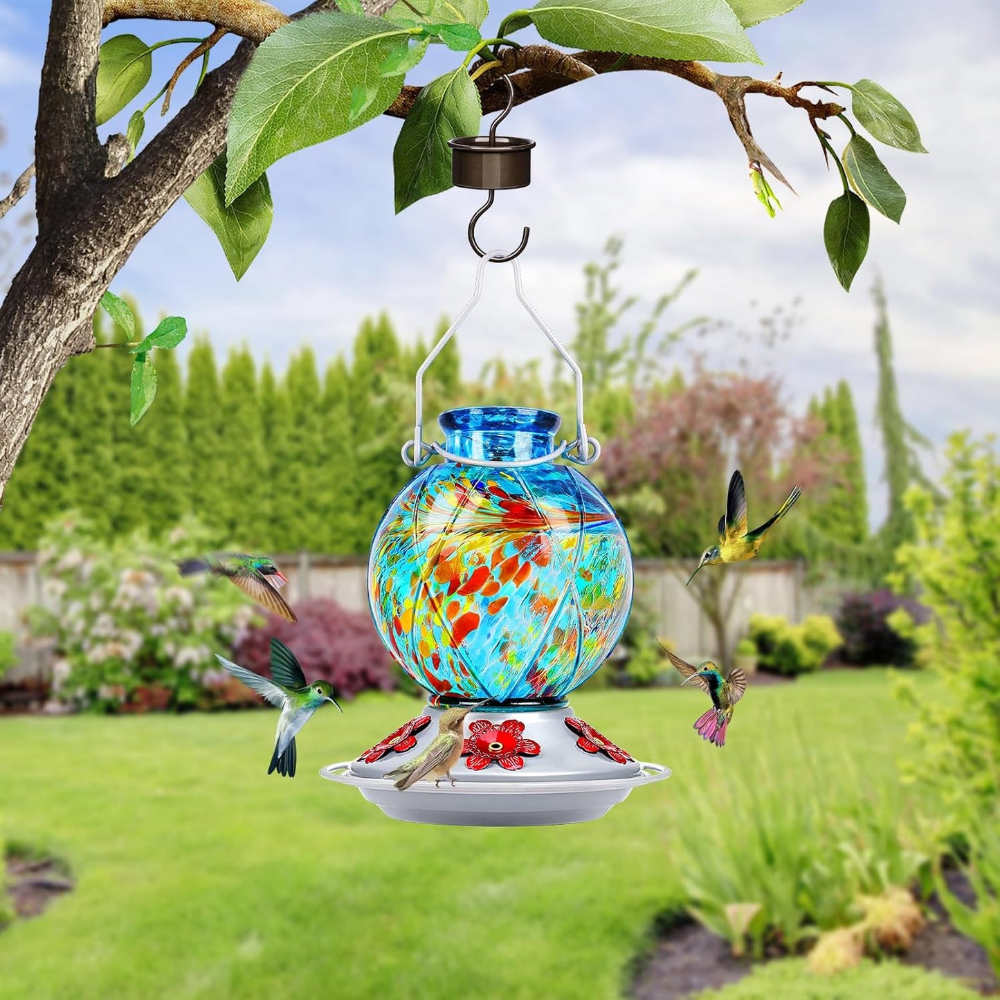 Hummingbird Feeder, BOLITE Glass Hummingbird Feeders for Outdoors Hanging, Hand Blown, with Ant Moat and Five Feeding Ports, Meshy Texture Ball Shape Bottle, 20 Ounces, Blue, Gifts for Women Men