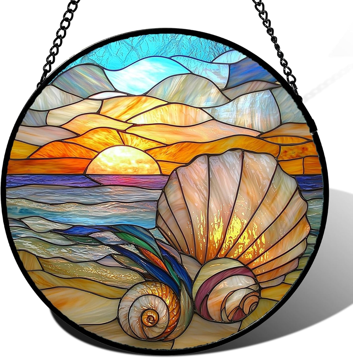 Stained Glass Window Hanging - Colorful Beach Shells Conch Sun Catcher for Door Home Decor Ocean Suncatcher Christmas Mother's Day Birthday Sea Lover Gifts for Women Men Mom Nana 11.8 in