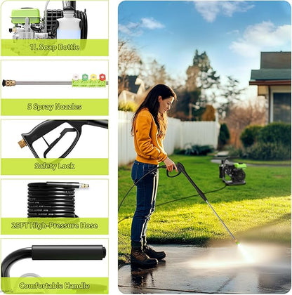 Commercial 3500PSI 2.4GPM 79.7CC Gas Pressure Washer, 2.5 HP Professional Gas Power Washer with 5 Nozzles 25FT Hose Foam Bottle for Car Fence Driveway Yard (EPA/CARB/ETL Compliant), Green
