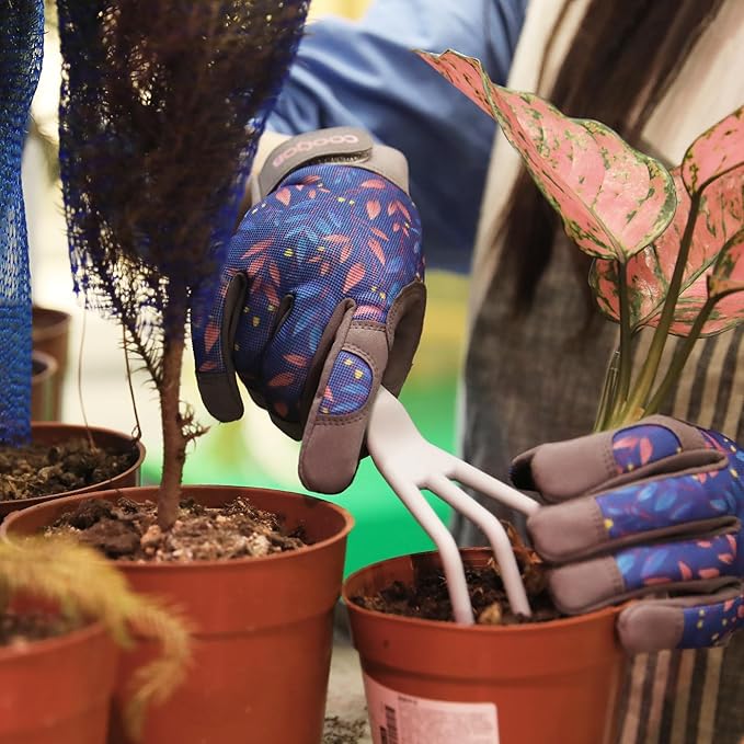 COOLJOB Medium Gardening Work Gloves for Women Ladies, Thorn Proof for Rose Pruning, Cactus Handling, Blackberry Bush Planting, Puncture Resistant Anti-Slip Flexible, 1 Pair M Blue Flower