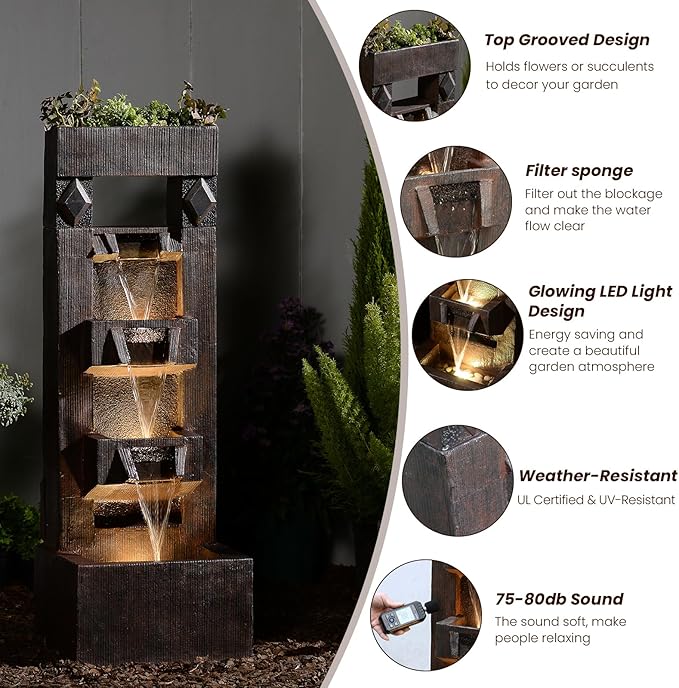 40.9" H 4-Tier Indoor/Outdoor Modern Water Fountain with Led Lights and Pump, Outdoor Freestanding Cascading Waterfall - Suitable for Garden, Patio, Porch, Yard and Outdoor Decor (Brown)