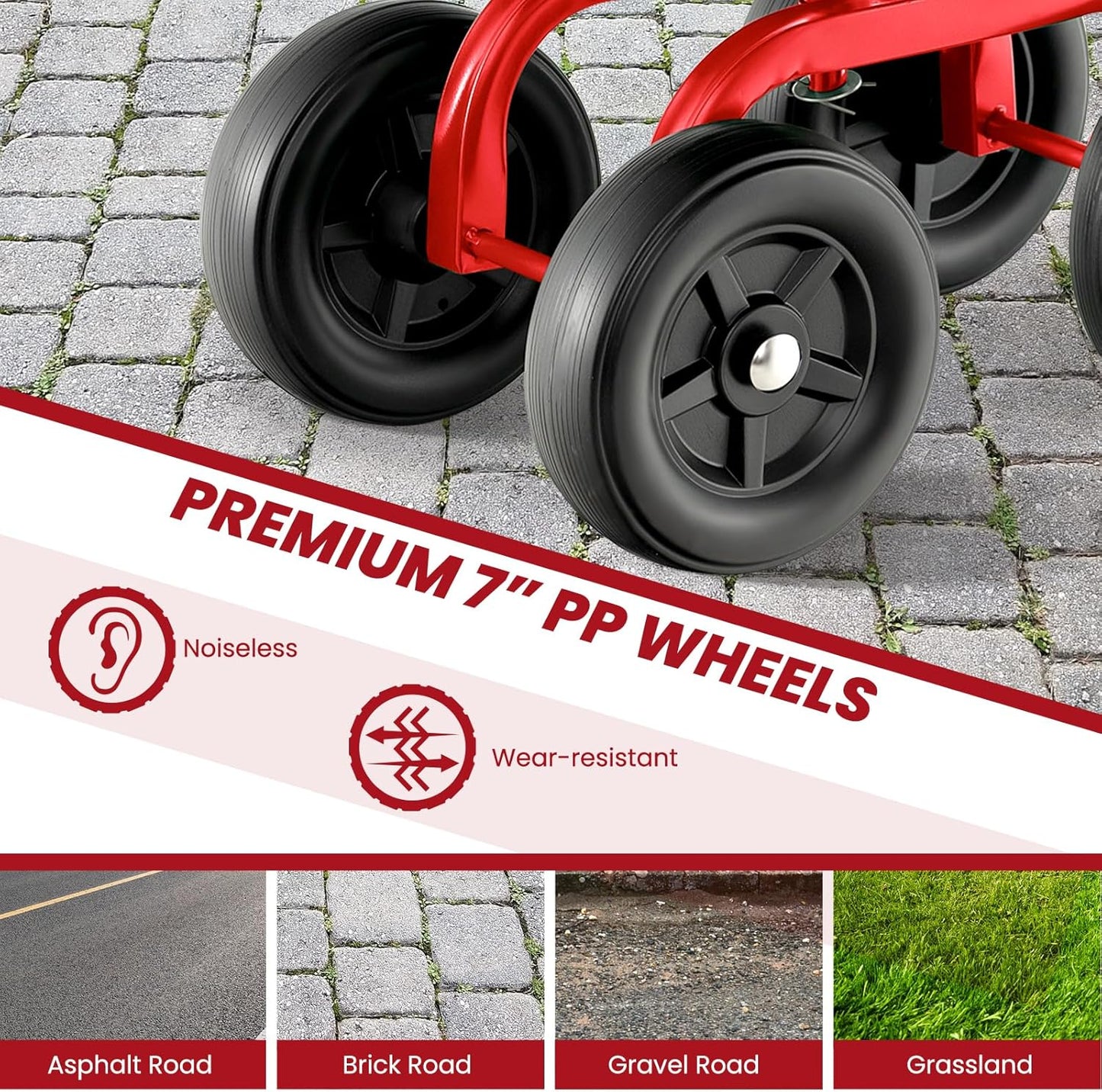 LDAILY Garden Seat with Wheels, Heavy-Duty Utility Stool Cart with Adjustable 11"-16" Height & 360° Rotatable, Rolling Garden Cart with Seat for Lawn Planting, Yard Work, Patio Gardening (Red)