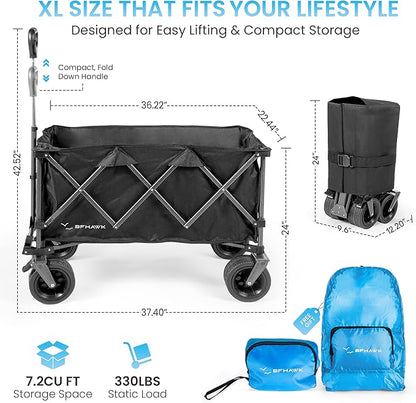 36" Collapsible Wagon Cart with Big All-Terrain Beach Wheels, Foldable Heavy Duty Wagons, Utility Carts for Camping, Garden, Outdoor, Grocery, Sports, Free Packable Backpack Included