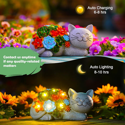 Solar Cat Garden Statue for Outdoor: Outside Sculpture Art Decor Yard Lawn Porch Backyard Ornament- Ideal Gifts for Mom Mother Women