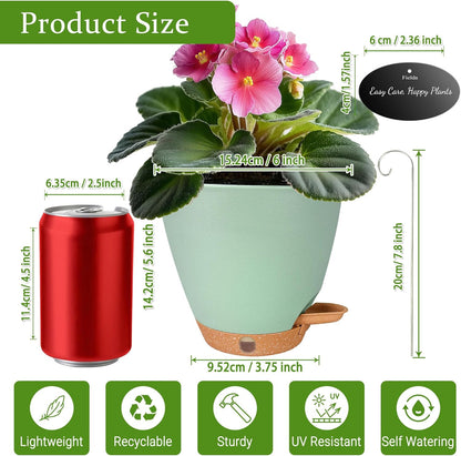 6 Inch Self Watering Pots for Indoor Plants (5-Pack) – Small Plastic Planters with Water Window, Drainage Holes & Trays, Indoor Outdoor Flower Pots for Herbs, Succulents, Home Garden Decor (Green)