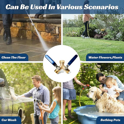 Garden Hose Splitter 2 Way Heavy Duty Brass Hose Splitter With 304 Stainless Steel Long Handle & Winter Faucet Protector, 3/4" Y Valve Thread High Flow Outdoor Faucet Splitter