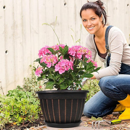 FGstyle 4 Pack 16 inch Plant Pots, Retro Vertical Stripe Planters with Drainage Holes and Saucer, Sturdy Plastic Garden Flower Pots for Indoor & Outdoor Plants(Black)