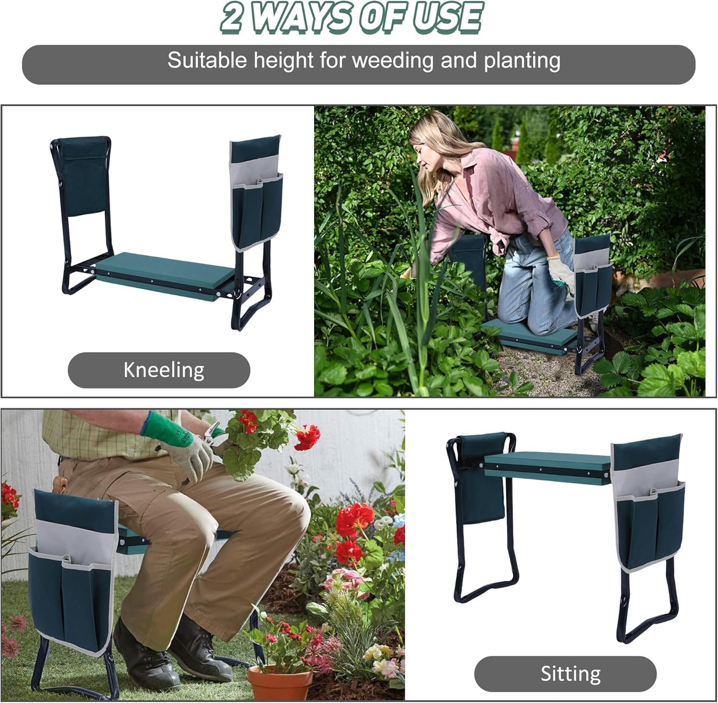 TRY & DO Garden Kneeler and Seat, Folding Gardening Stool with Tool Pouch and Kneeling Pad, Heavy Duty Garden Bench Chair for Kneeling and Sitting
